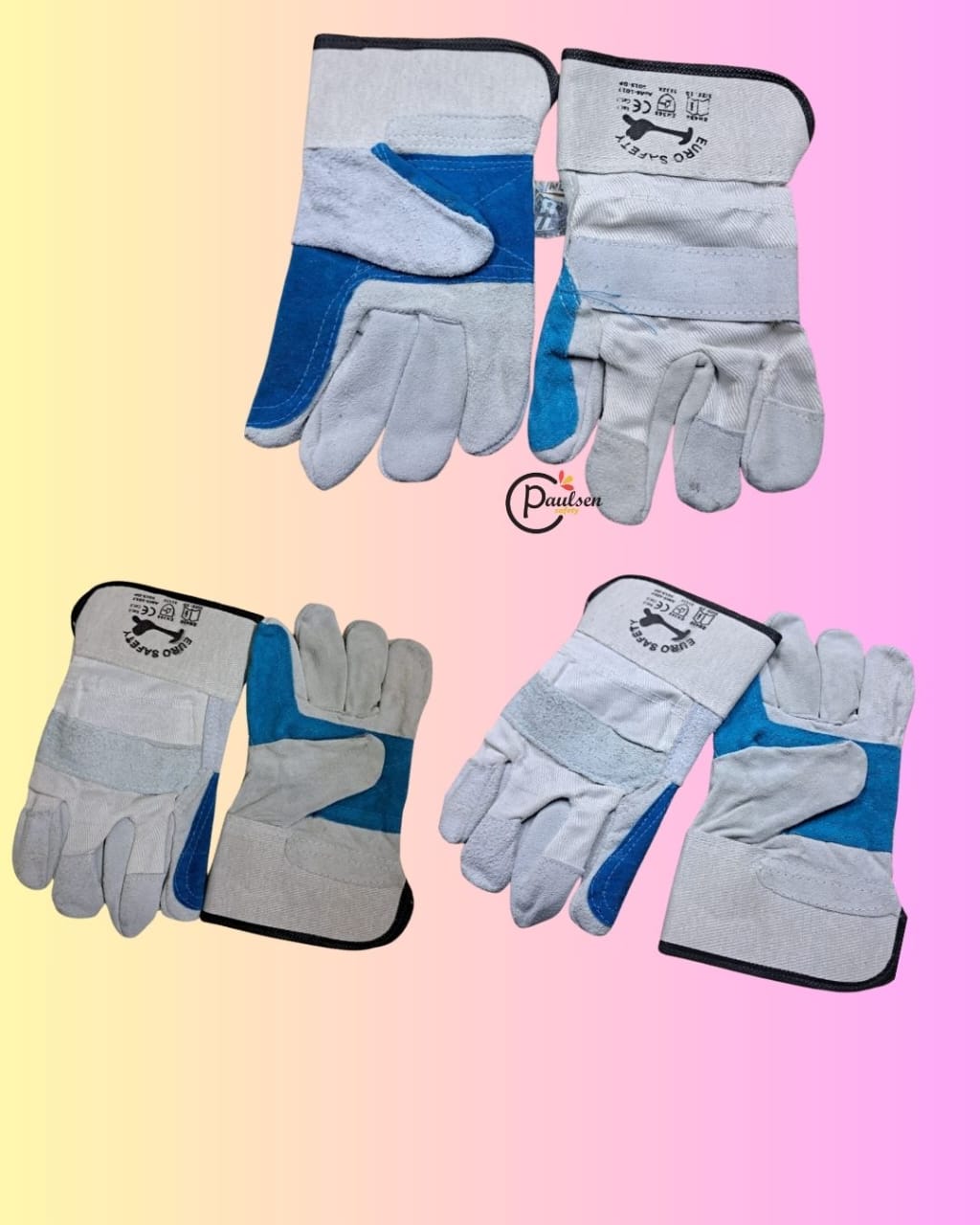 pairs of work safety gloves, specifically identified as "Euro Safety Paulsen" gloves. 
These gloves are typically designed for various industrial, construction, and general-purpose tasks, providing ha