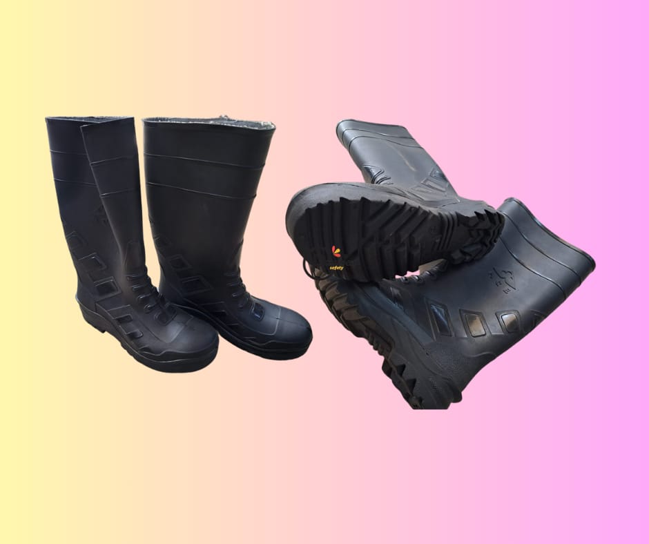 black steel-toe gumboots, also known as safety boots, which are designed to be waterproof and durable for use in various industries like construction, agriculture, and sanitation.