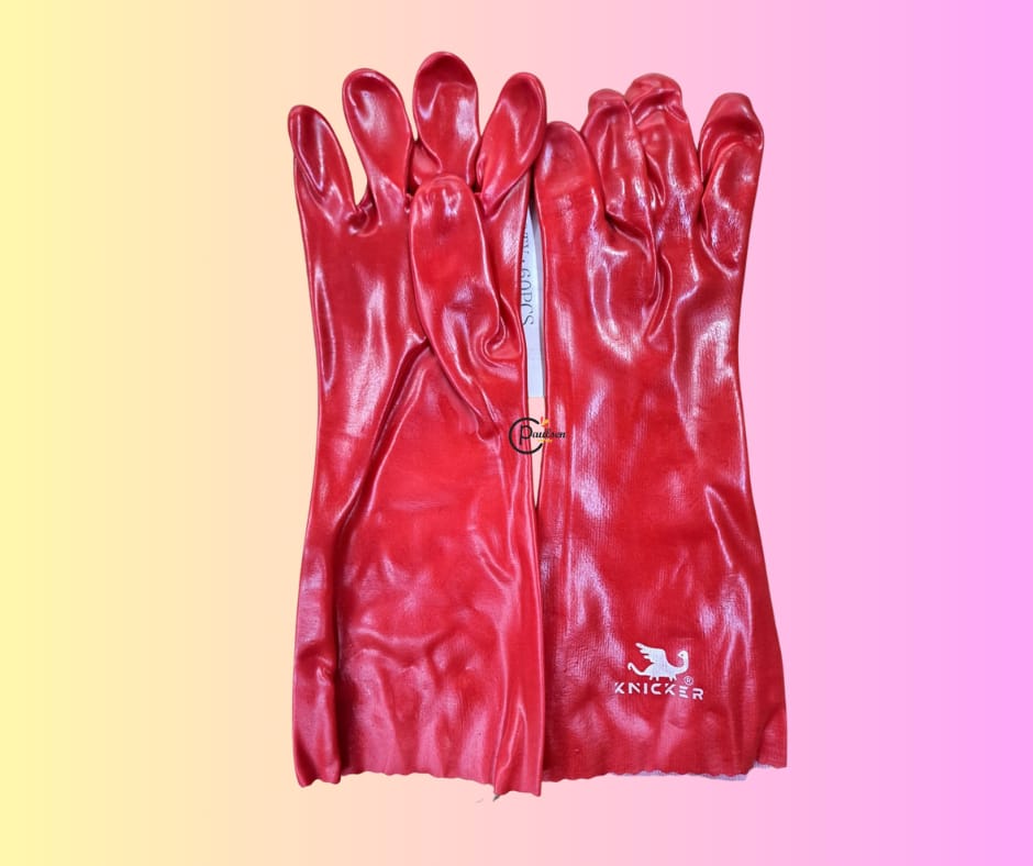 red PVC safety gloves, branded as Knicker.
These gloves are designed for heavy-duty work and offer protection in various industrial and general-purpose applications. 
Material: They are made from PVC