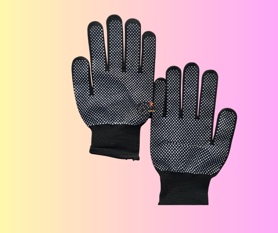 2Pcs pairmulti-purpose anti-slip polyester work gloves with PVC dots. 
Made from breathable material, possibly nylon or a polyester-cotton blend. 
Feature anti-slip PVC dots on the palms for superior