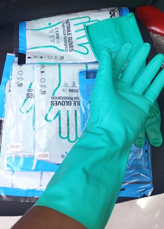 Nitrile Gloves for chemical resistance. 
Made from durable nitrile, which is waterproof, greaseproof, oil proof, and chemical resistant. 
Designed for protection against a broad range of oils, solvent