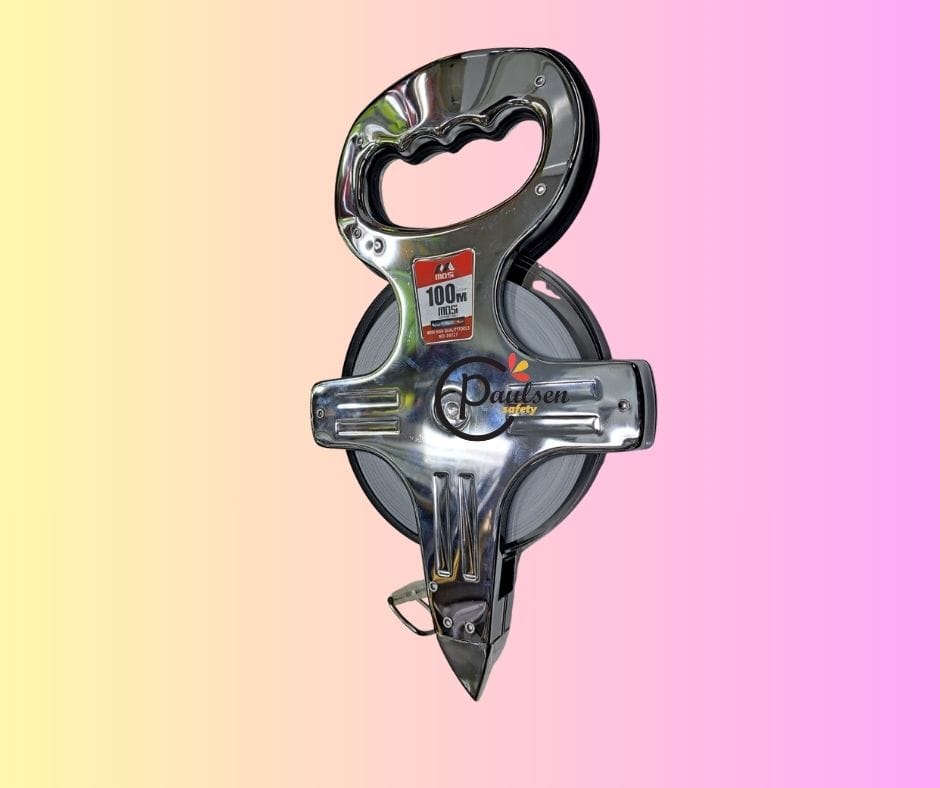 100m steel measuring tape. 
It is a long-distance measuring tool designed for surveying or construction. 
The tape is made of durable steel material. 
It has an open reel design with an integrated han