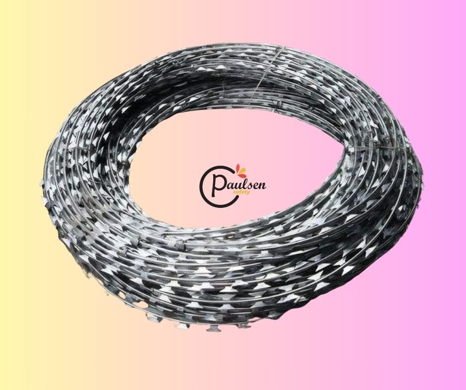 galvanized concertina razor wire.
It is a modern security fencing material designed to deter intruders. 
The wire features razor-sharp barbs and a strong core wire that is difficult to cut without spe