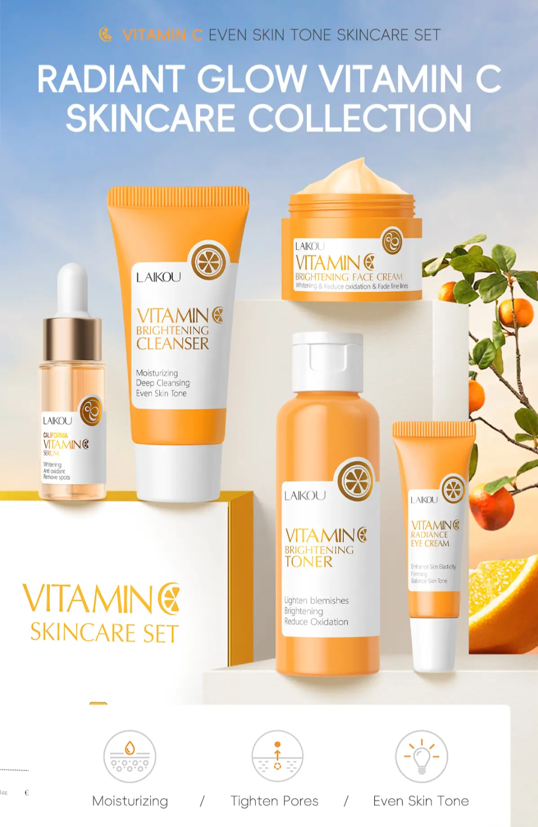 LAIKOU VITAMIN C 5 IN 1 SKINCARE SET SERIES...VITAMIN C CLEANSER,VITAMIN C TONER,VITAMIN C SERUM,VITAMIN C EYE CREAM & VITAMIN C ESSENCE CREAM