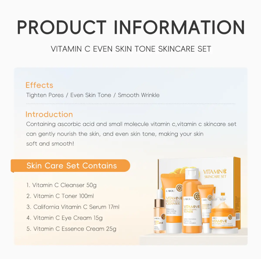 LAIKOU VITAMIN C 5 IN 1 SKINCARE SET SERIES...VITAMIN C CLEANSER,VITAMIN C TONER,VITAMIN C SERUM,VITAMIN C EYE CREAM & VITAMIN C ESSENCE CREAM