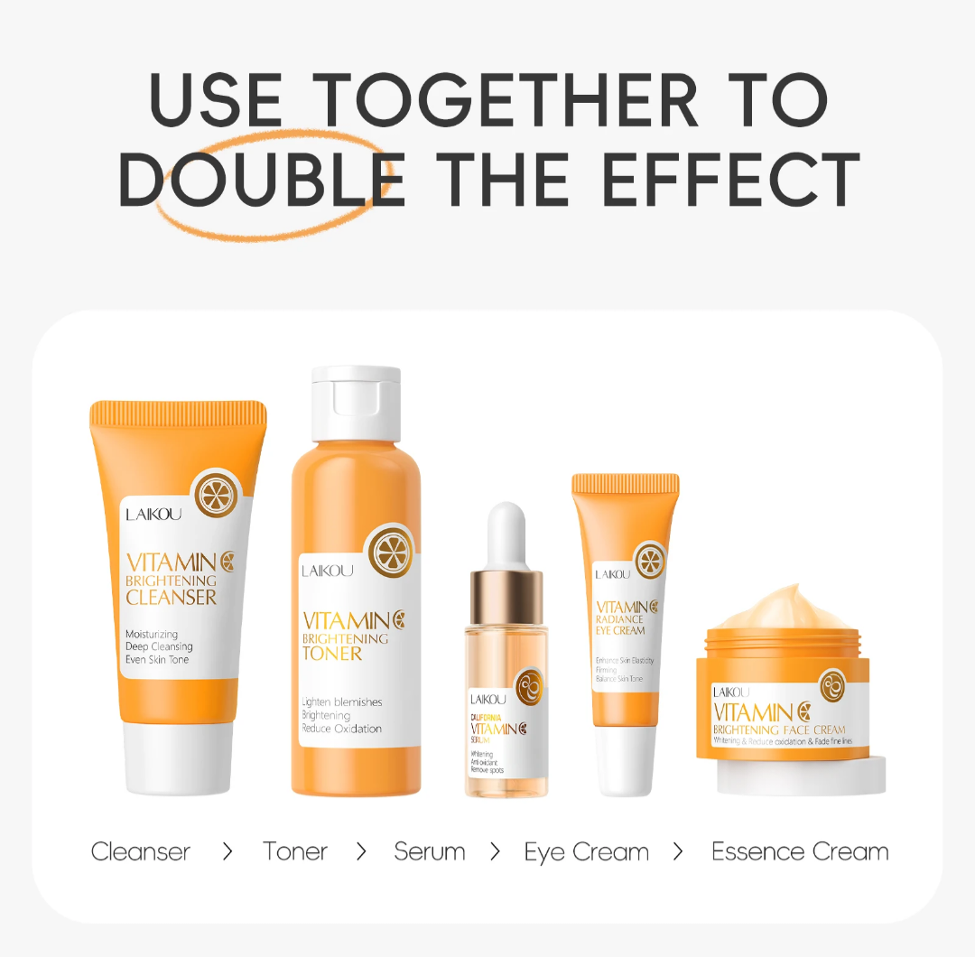 LAIKOU VITAMIN C 5 IN 1 SKINCARE SET SERIES...VITAMIN C CLEANSER,VITAMIN C TONER,VITAMIN C SERUM,VITAMIN C EYE CREAM & VITAMIN C ESSENCE CREAM