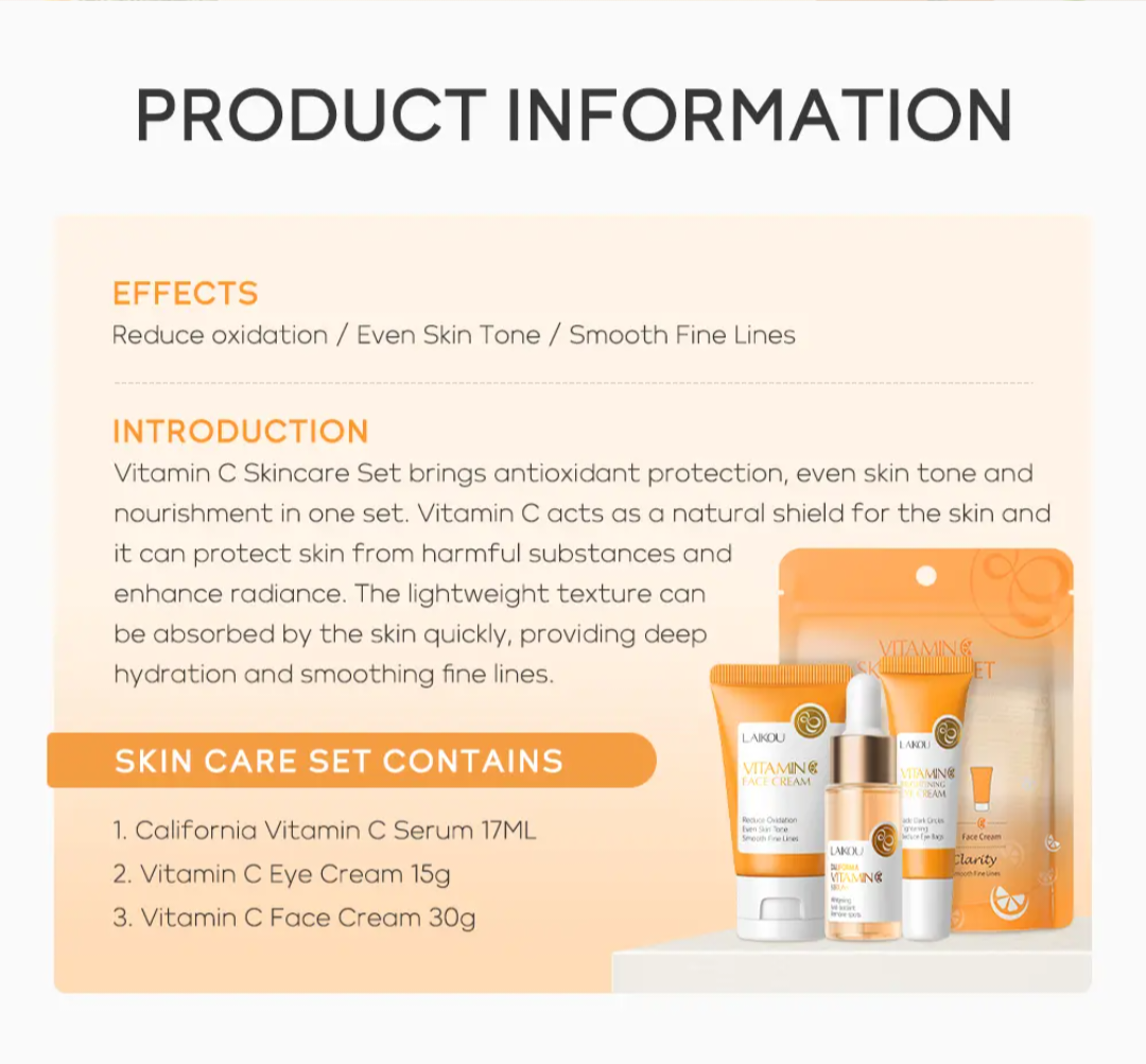 LAIKOU VITAMIN C 3 IN 1 SKINCARE SET...CALIFORNIA VITAMIN C SERUM, VITAMIN C EYE CREAM & VITAMIN C FACE CREAM