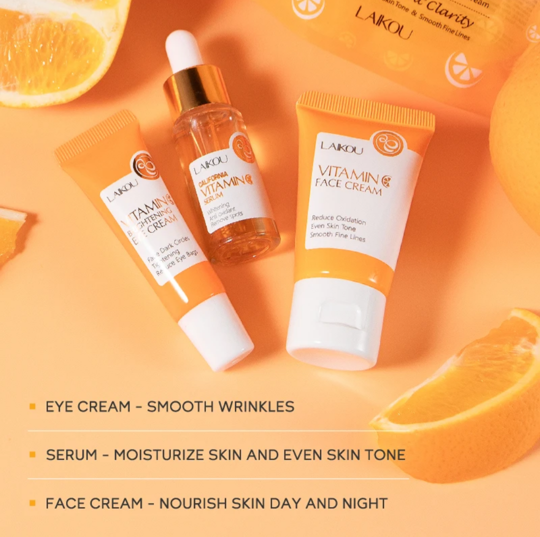 LAIKOU VITAMIN C 3 IN 1 SKINCARE SET...CALIFORNIA VITAMIN C SERUM, VITAMIN C EYE CREAM & VITAMIN C FACE CREAM