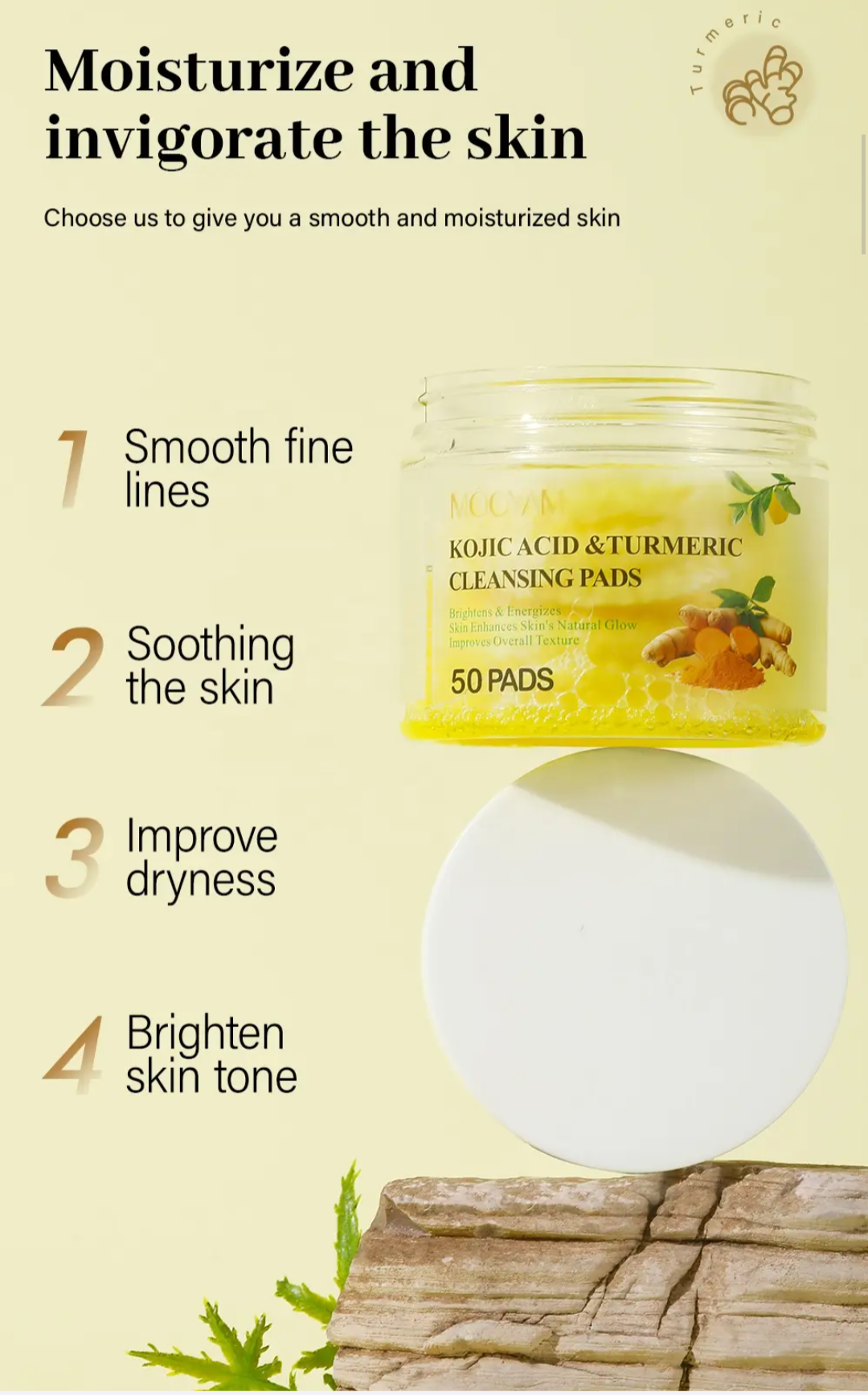 MOOYAM KOJIC ACID & TURMERIC CLEANSING PADS (50 PADS) ...BRIGHTENING EXFOLIATING FACE SCRUB PADS FADES ACNESCARS