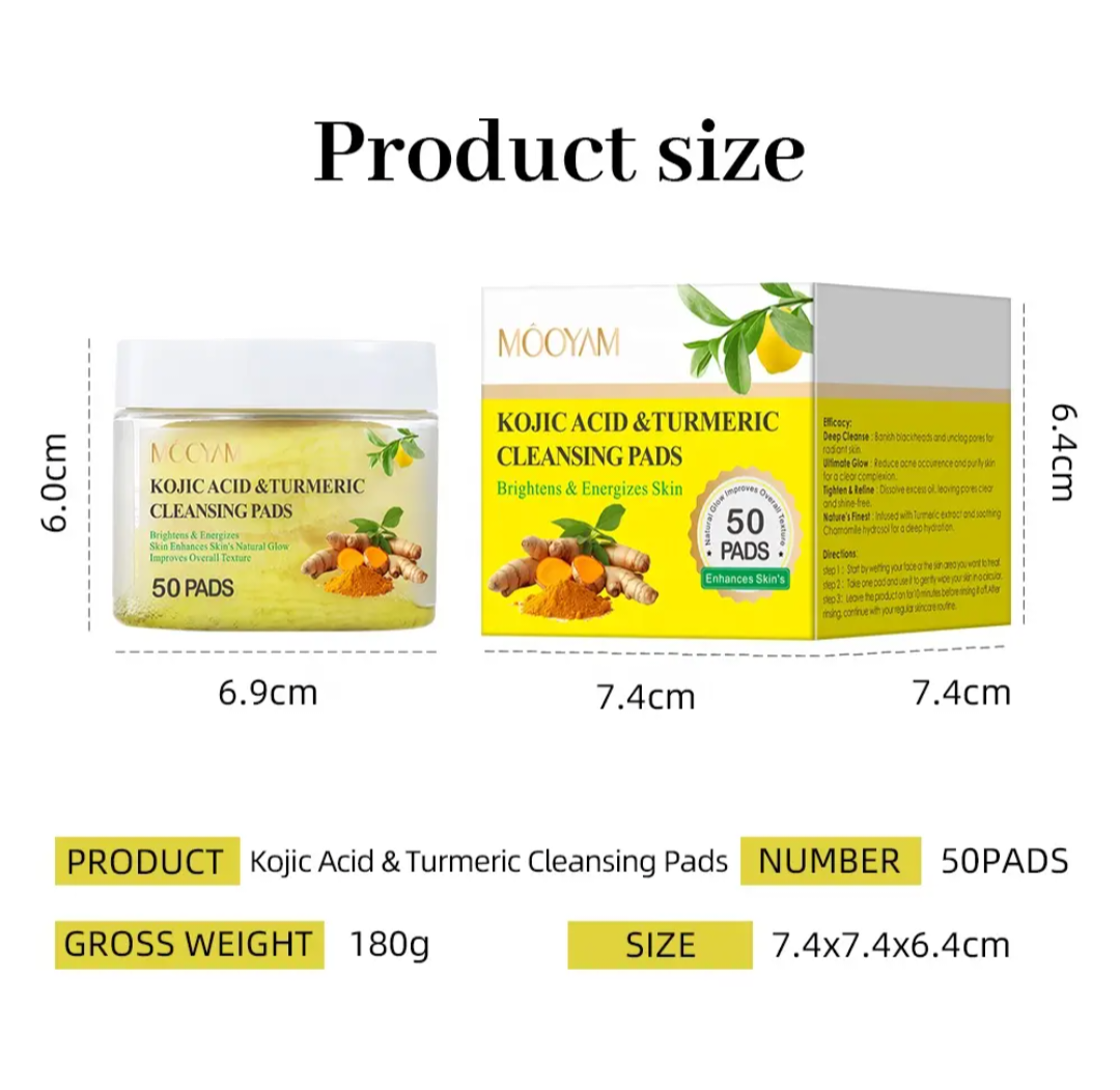 MOOYAM KOJIC ACID & TURMERIC CLEANSING PADS (50 PADS) ...BRIGHTENING EXFOLIATING FACE SCRUB PADS FADES ACNESCARS