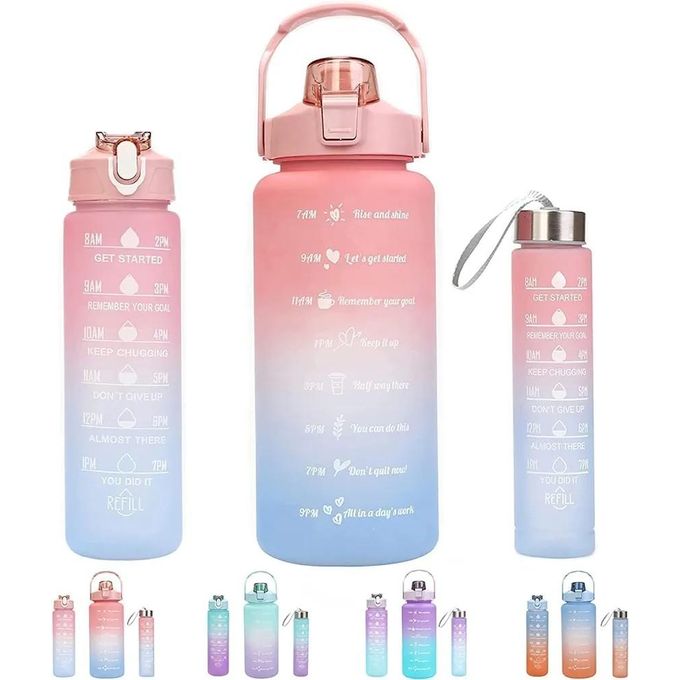 3 Bottle Combo Pack Motivational Water Bottle With Straw Time Marker-multicolour