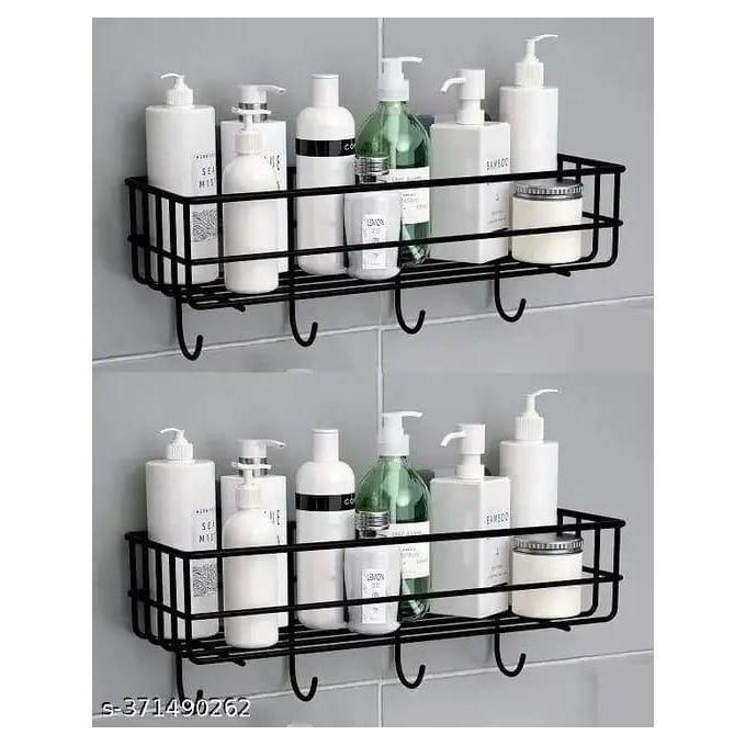 Multipurpose Metallic Bathroom Kitchen Shelf Storage Rack With 4 Hooks