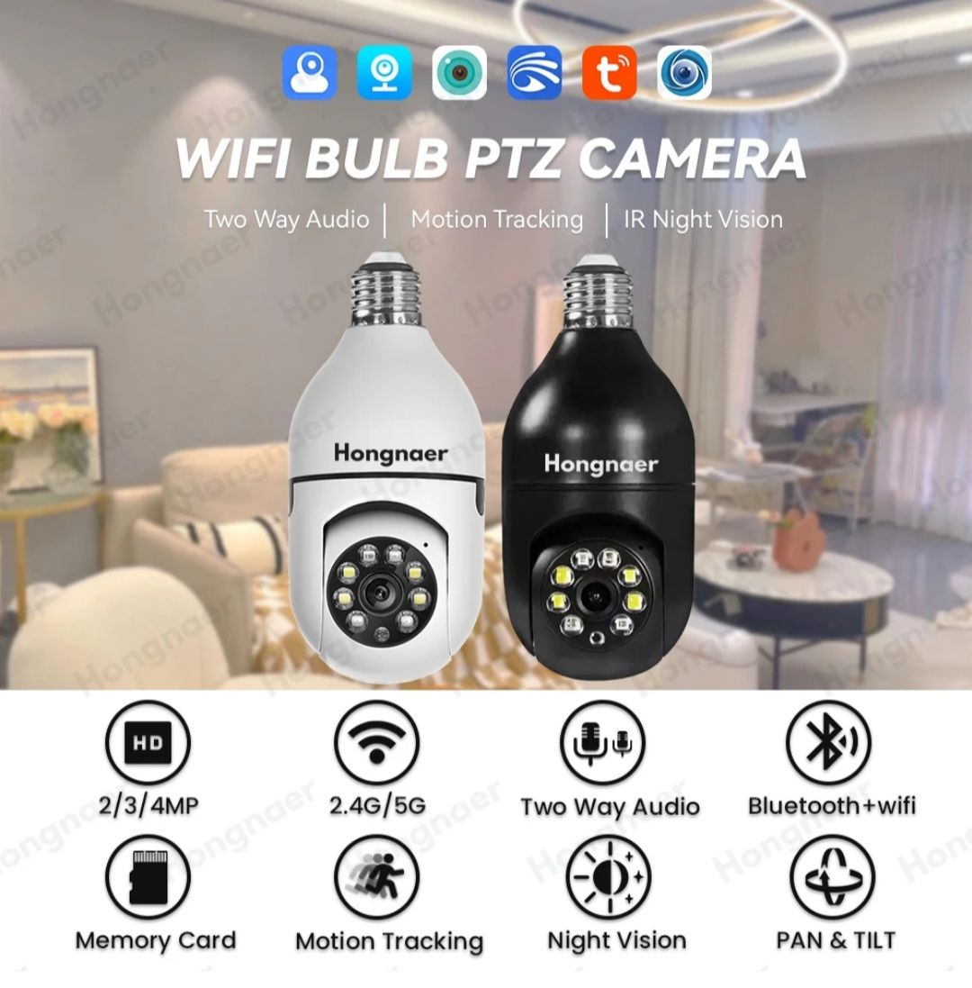 1080p 3MP Bulb Surveillance Camera Home CCTV Hidden Cameras Night Vision Full Color Automatic Human Tracking Zoom Indoor Security Monitor Wifi Camera