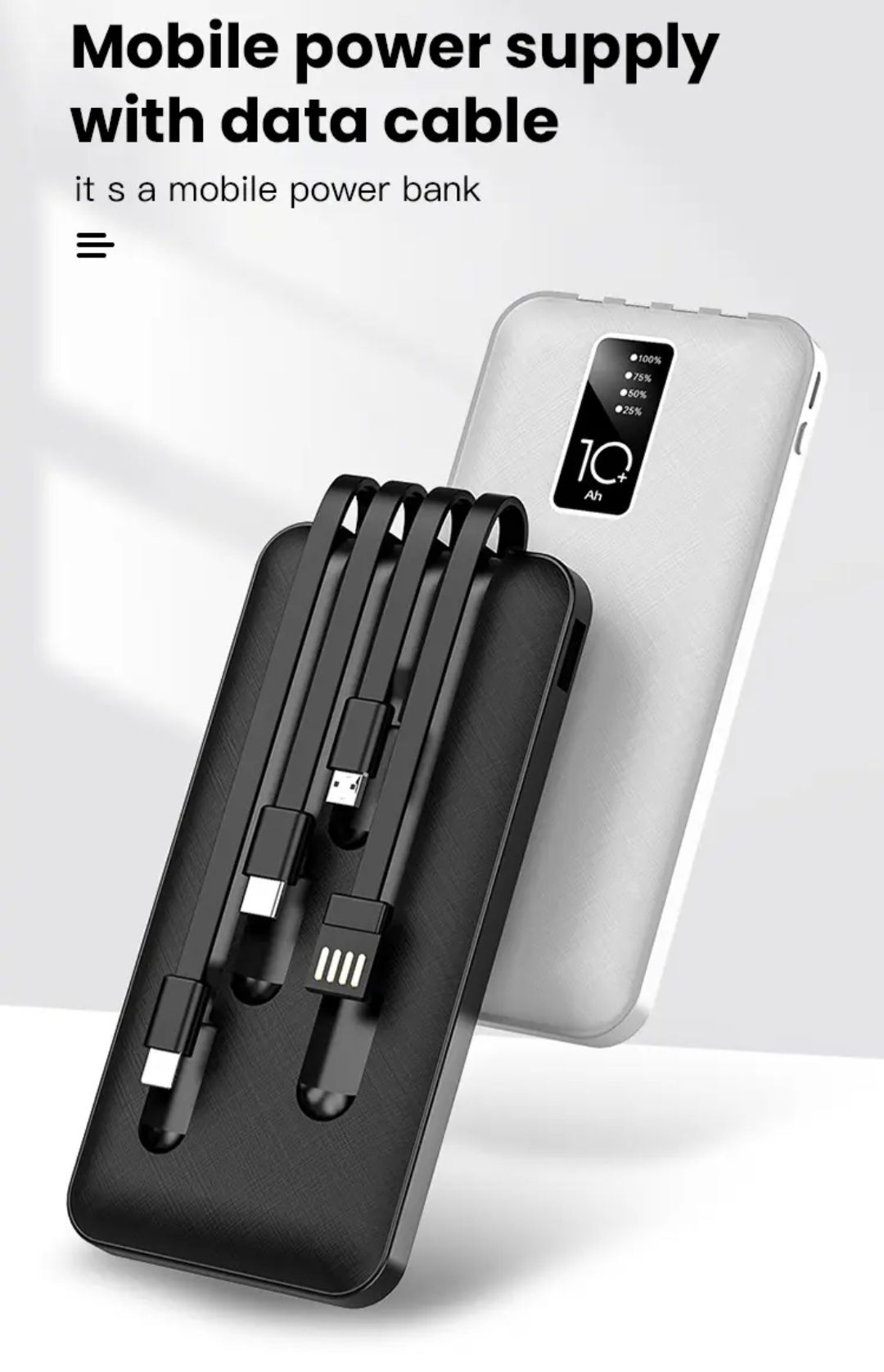 Built in 4 Cables 10000mAh Portable Power bank Comfortable Handshake 4-wire Led Display Powerbank Fast Charge Dual Output Ports