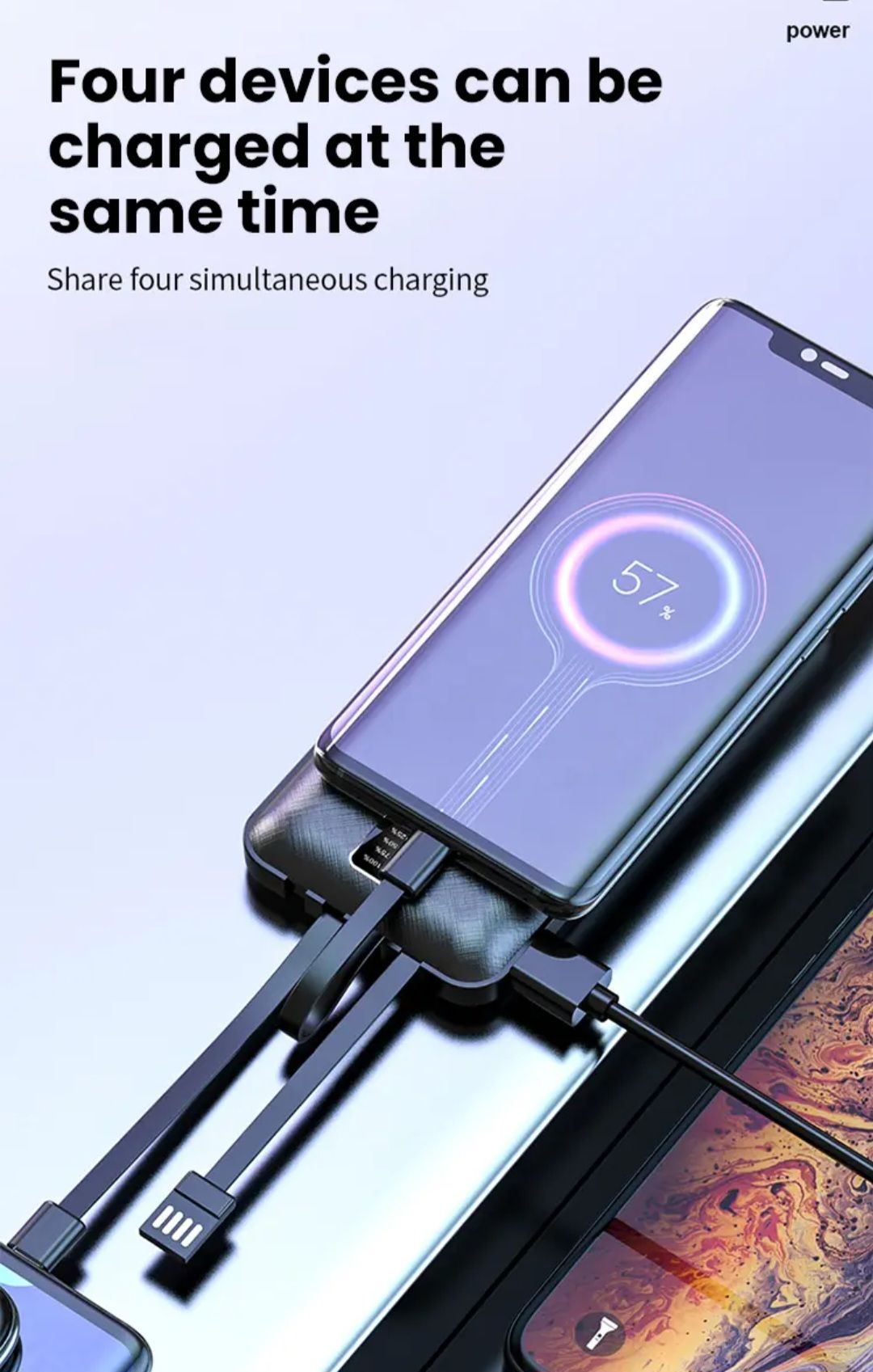 Built in 4 Cables 10000mAh Portable Power bank Comfortable Handshake 4-wire Led Display Powerbank Fast Charge Dual Output Ports