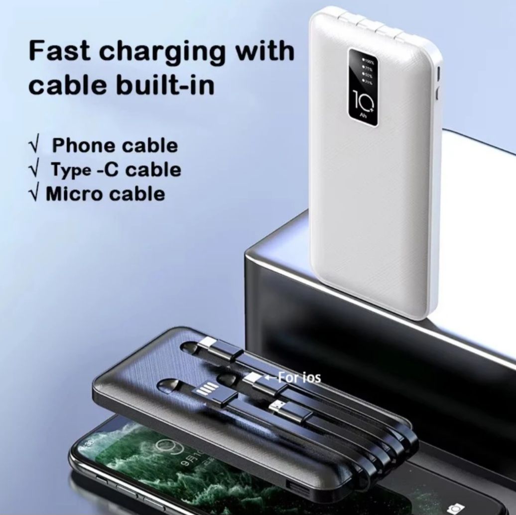 Built in 4 Cables 10000mAh Portable Power bank Comfortable Handshake 4-wire Led Display Powerbank Fast Charge Dual Output Ports