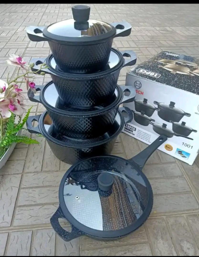 BOSCH 11PIECE NON STICK GRANITE  COOKWARE SET WITH SILICON LEAD.MODERN KITCHEN NON STICK COOKING POTS.