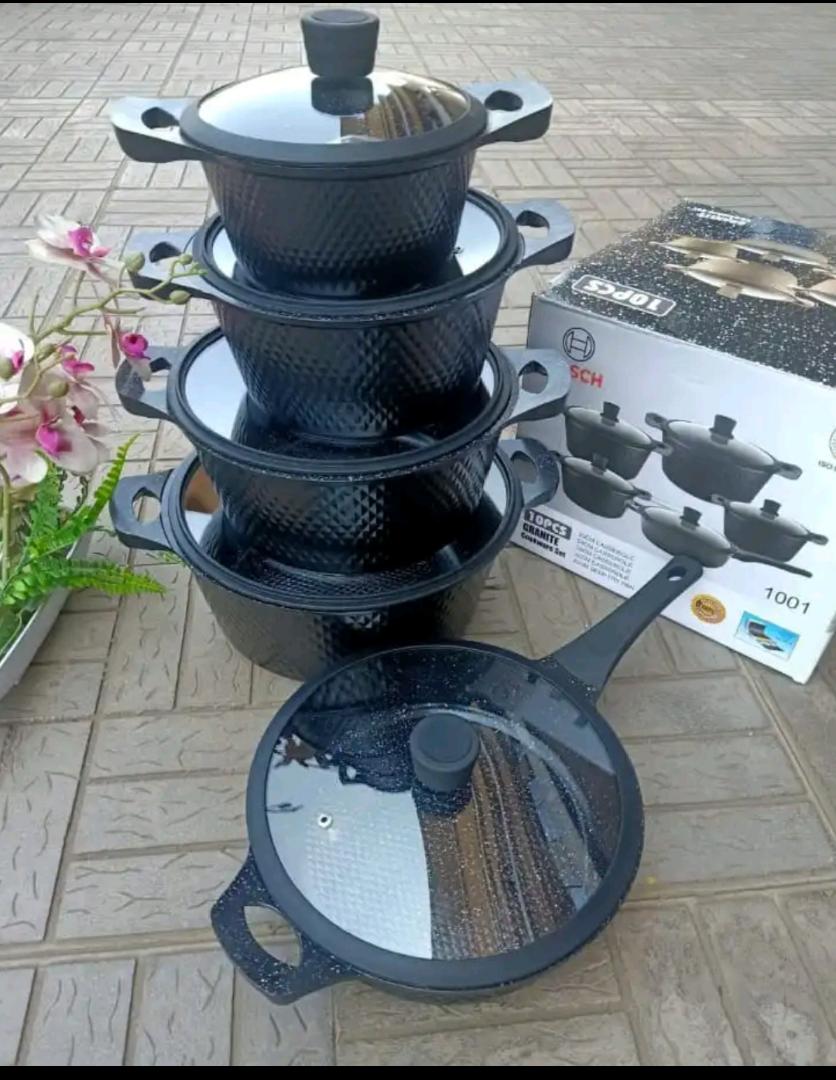 BOSCH 11PIECE NON STICK GRANITE  COOKWARE SET WITH SILICON LEAD.MODERN KITCHEN NON STICK COOKING POTS.
