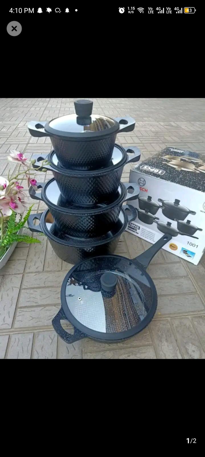 BOSCH 11PIECE NON STICK GRANITE  COOKWARE SET WITH SILICON LEAD.MODERN KITCHEN NON STICK COOKING POTS.