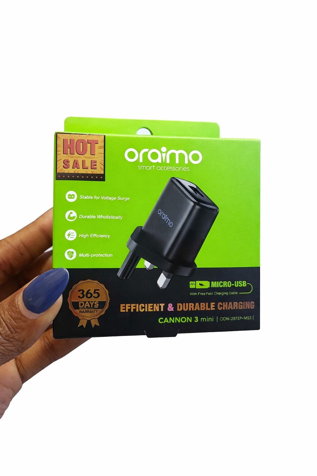 Oraimo Charger with a Free Fast Charging Cable. Oramo adapter with a Data Cable.