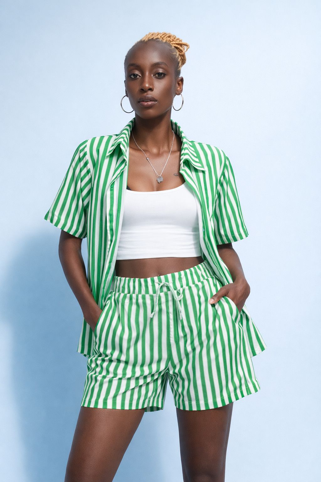 3 piece Stripped Outfit , Short for ladies, Vest top and shirt .