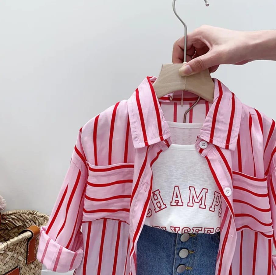Three Pieces Clothing Suit Wholesale Striped Long Sleeve Shirt+Vest+Shorts Girl Summer Clothes for Kids Set