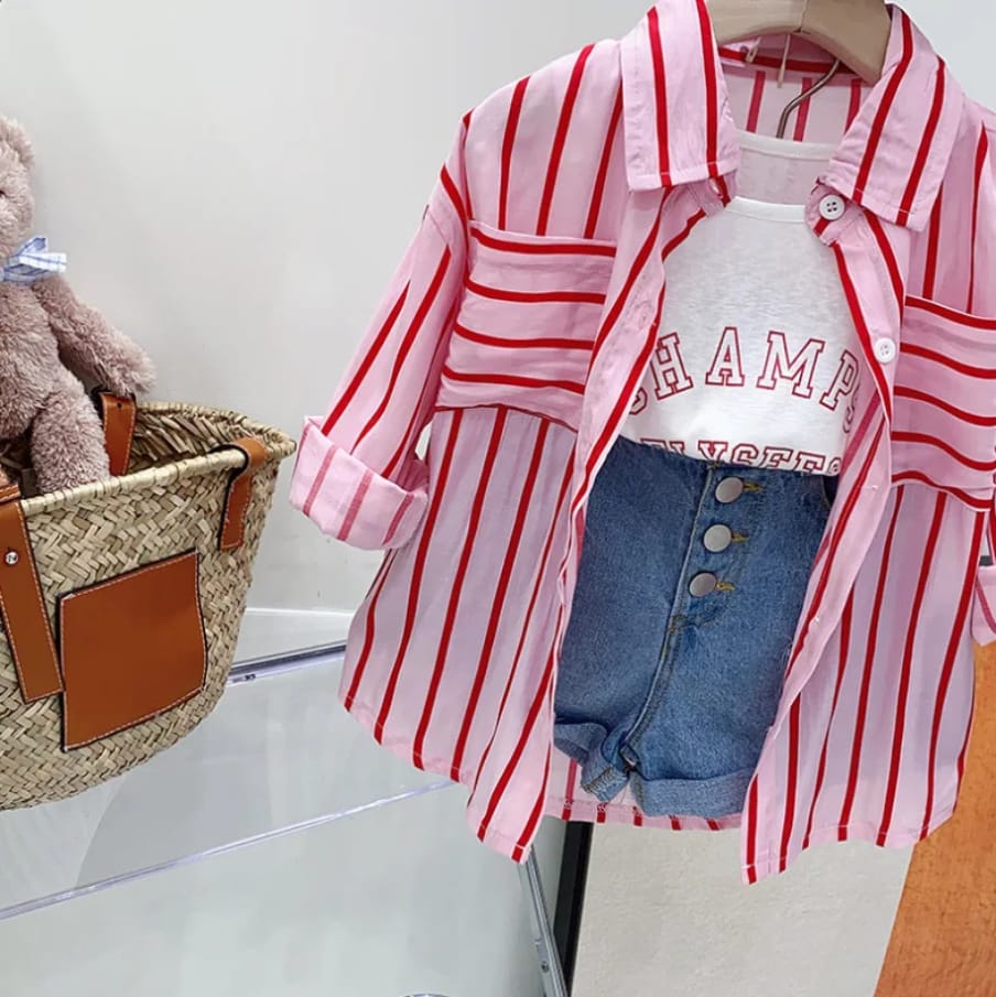 Three Pieces Clothing Suit Wholesale Striped Long Sleeve Shirt+Vest+Shorts Girl Summer Clothes for Kids Set