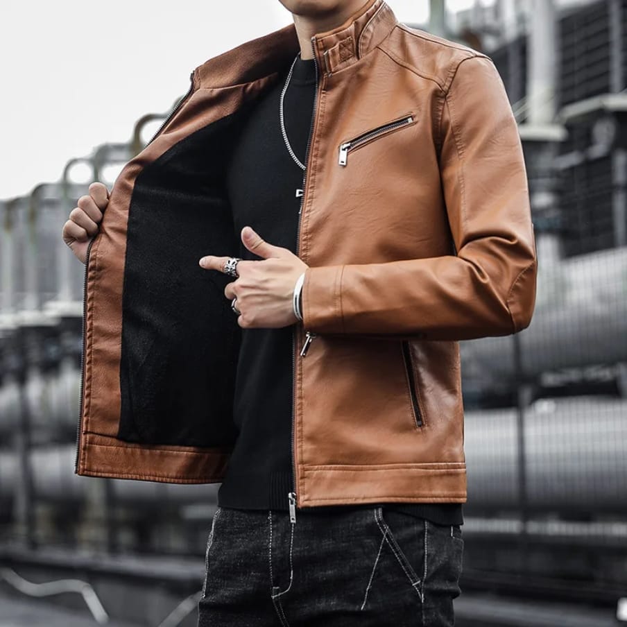 Men's quality warm Stand Collar Leather Jacket brown