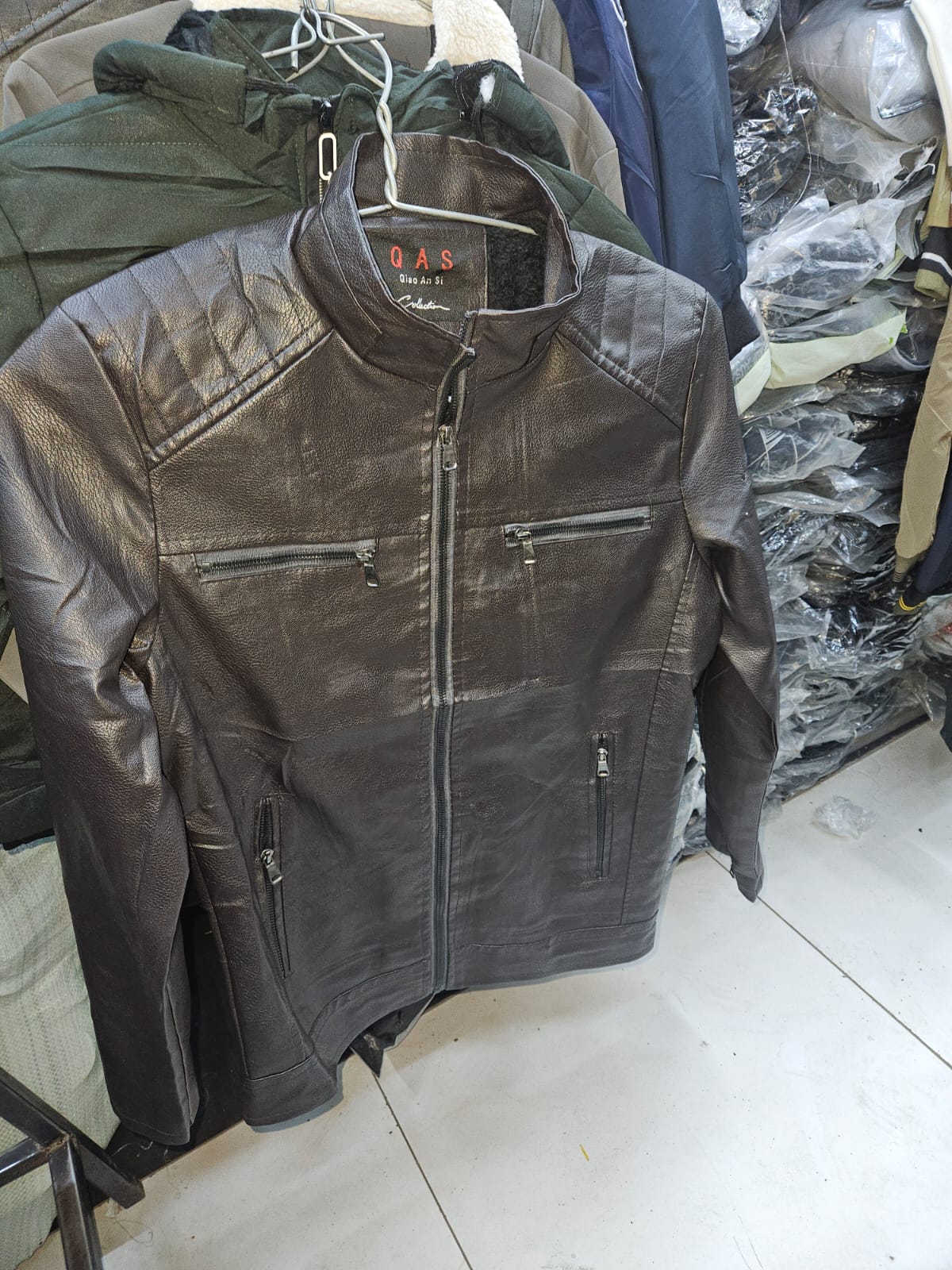 Men's quality warm Stand Collar Leather Jacket black
