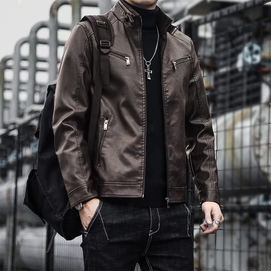 Men's quality warm Stand Collar Leather Jacket black