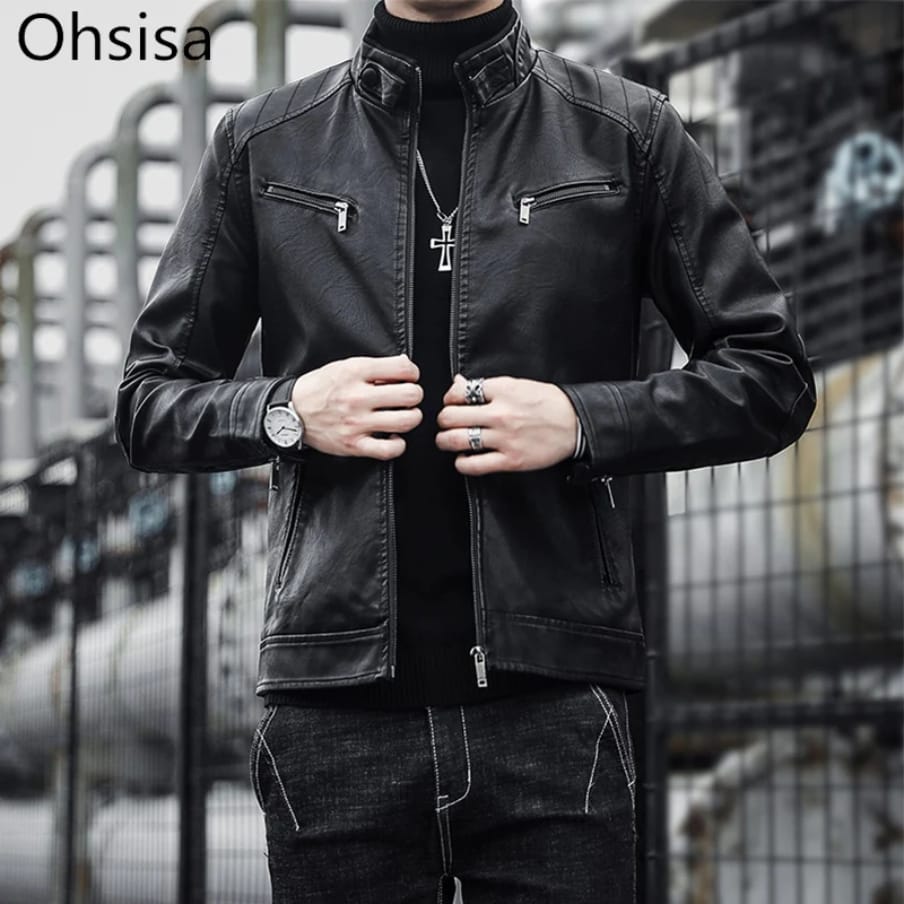 Men's quality warm Stand Collar Leather Jacket black