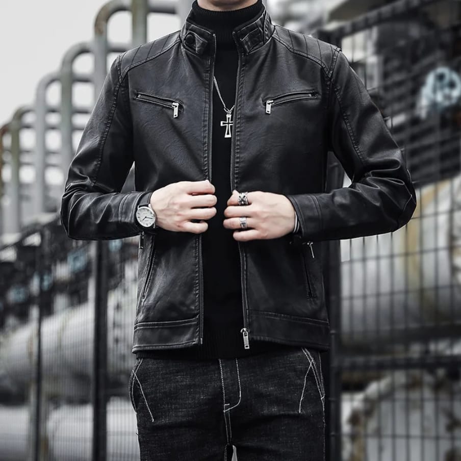 Men's quality warm Stand Collar Leather Jacket black