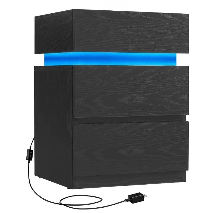 VASAGLE Bedside Table - 3 Drawers -LED Strip - Modern Style Nightstand