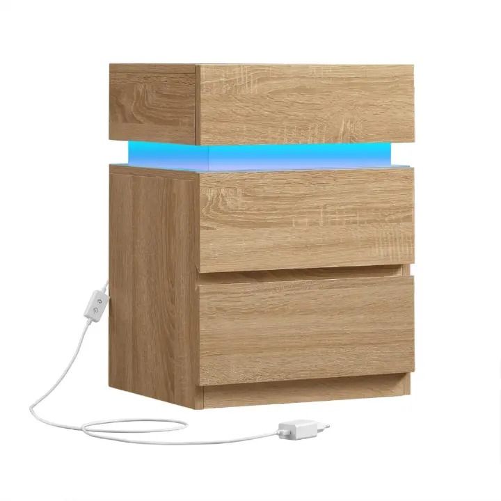 VASAGLE Bedside Table - 3 Drawers -LED Strip - Modern Style Nightstand
