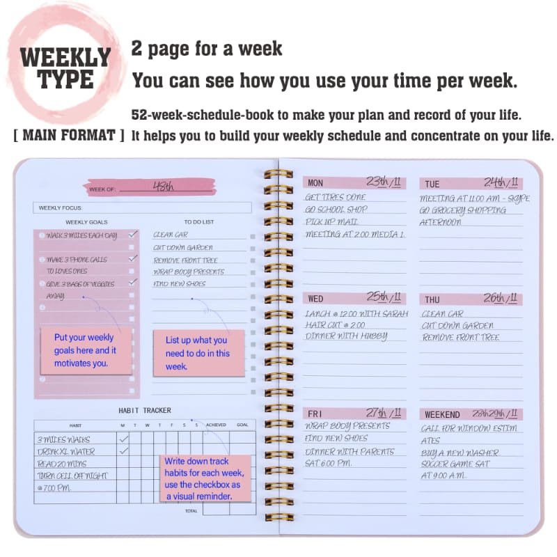 A5 52  weeks planner
♦un dated
♦strong cover
♦ 2 pages per week 
♦ Habit tracker
♦ Weekly Goals
♦ Available in light pink only