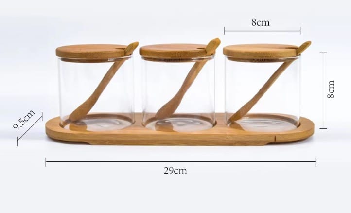 3-in-1 Glass Sugar Jar Set with Bamboo Stand – High Quality with Lids & Spoons – Best Kitchen Organizer in Kenya