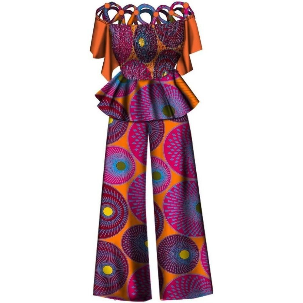 African print women's two-piece set: Ankara off-shoulder elasticated fashion top and wide-leg pants suit