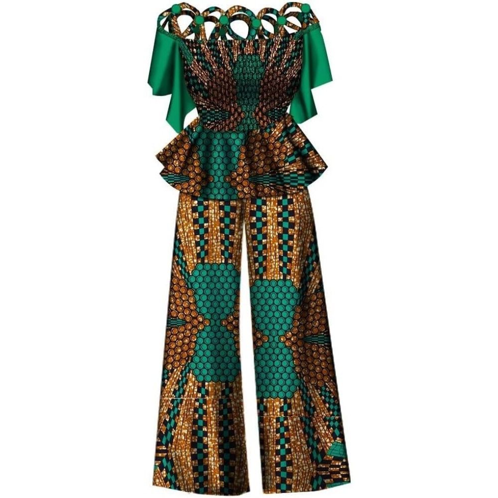 African print women's two-piece set: Ankara off-shoulder elasticated fashion top and wide-leg pants suit