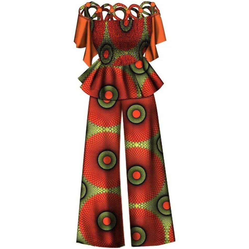 African print women's two-piece set: Ankara off-shoulder elasticated fashion top and wide-leg pants suit