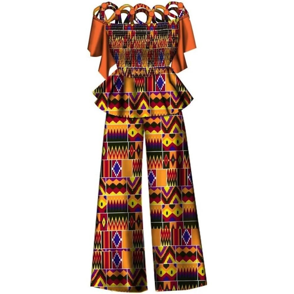 African print women's two-piece set: Ankara off-shoulder elasticated fashion top and wide-leg pants suit
