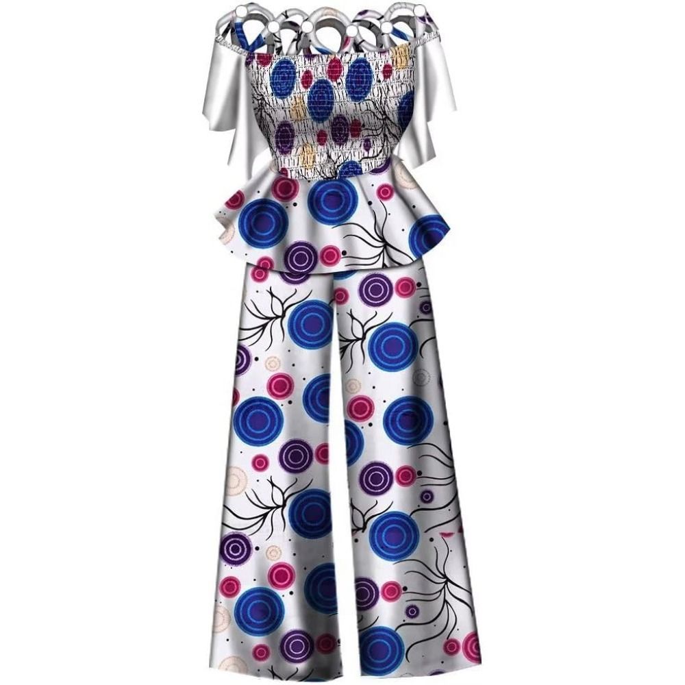 African print women's two-piece set: Ankara off-shoulder elasticated fashion top and wide-leg pants suit