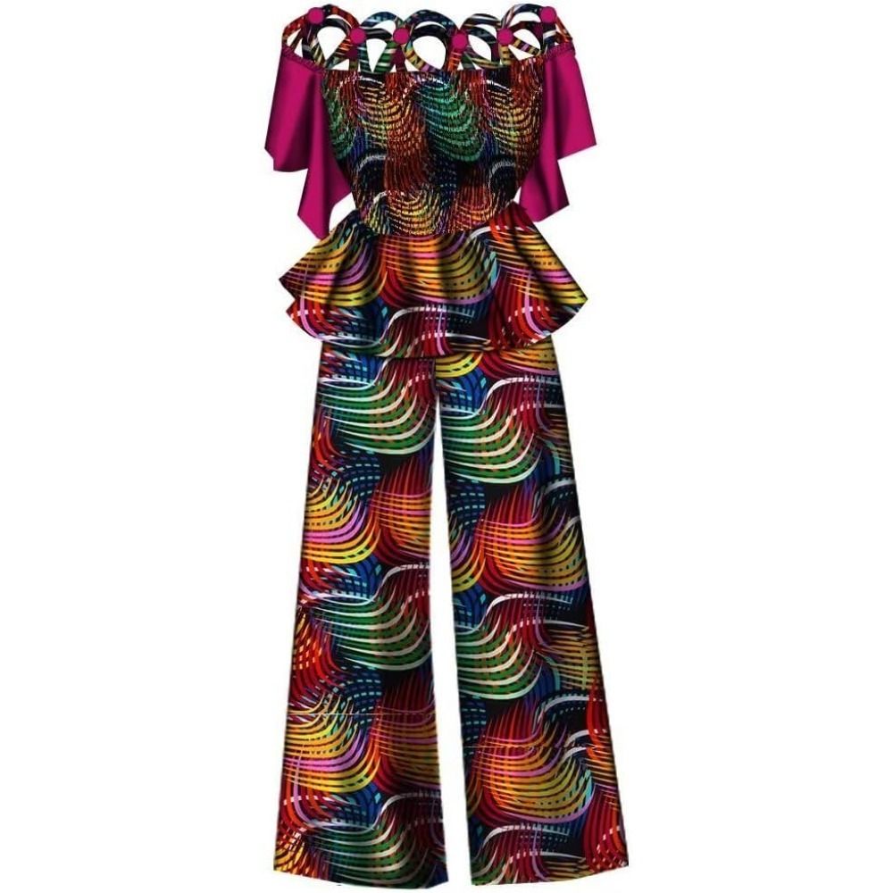 African print women's two-piece set: Ankara off-shoulder elasticated fashion top and wide-leg pants suit