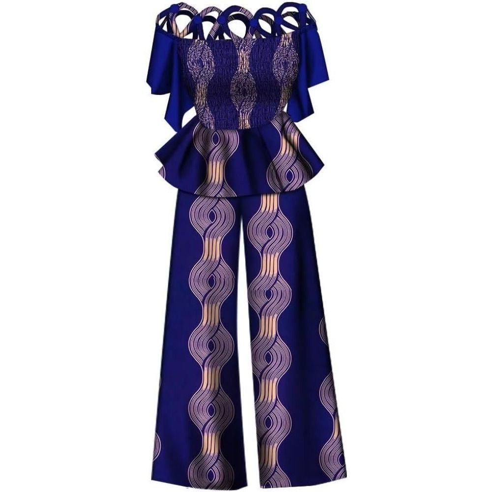 African print women's two-piece set: Ankara off-shoulder elasticated fashion top and wide-leg pants suit