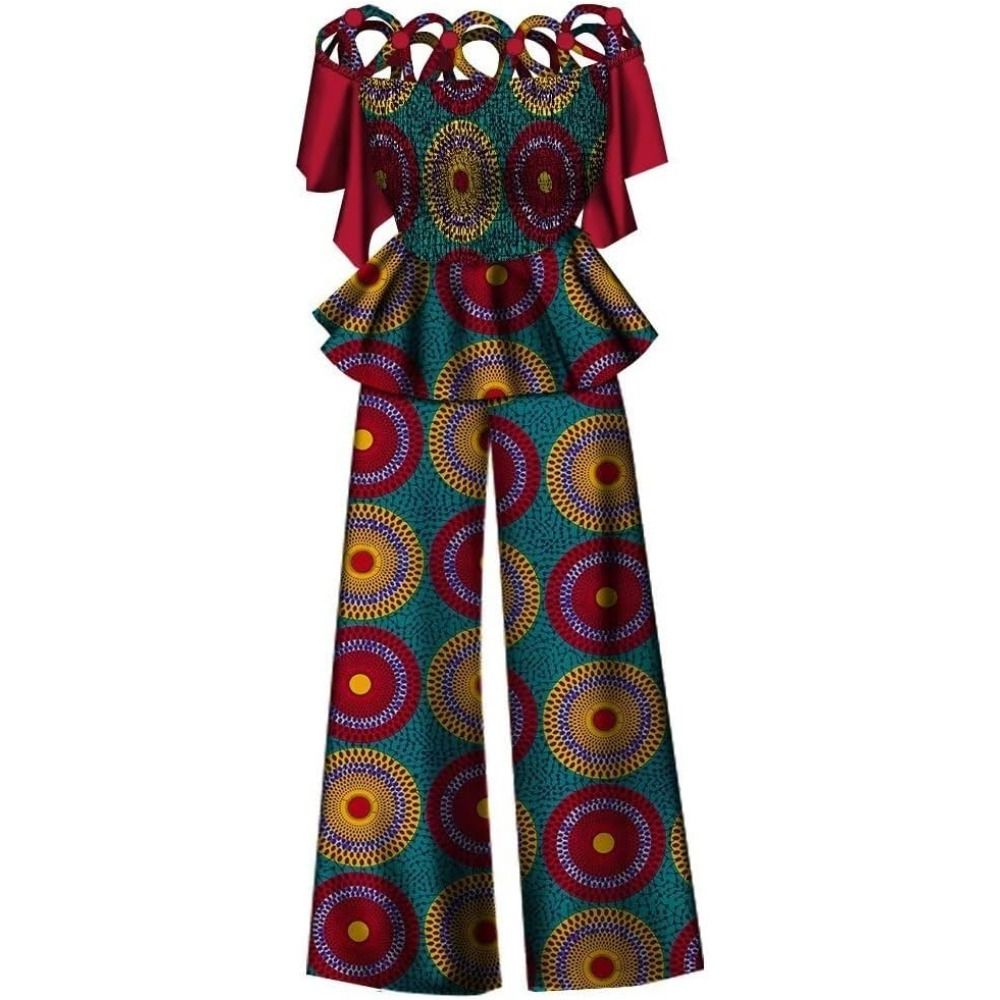 African print women's two-piece set: Ankara off-shoulder elasticated fashion top and wide-leg pants suit