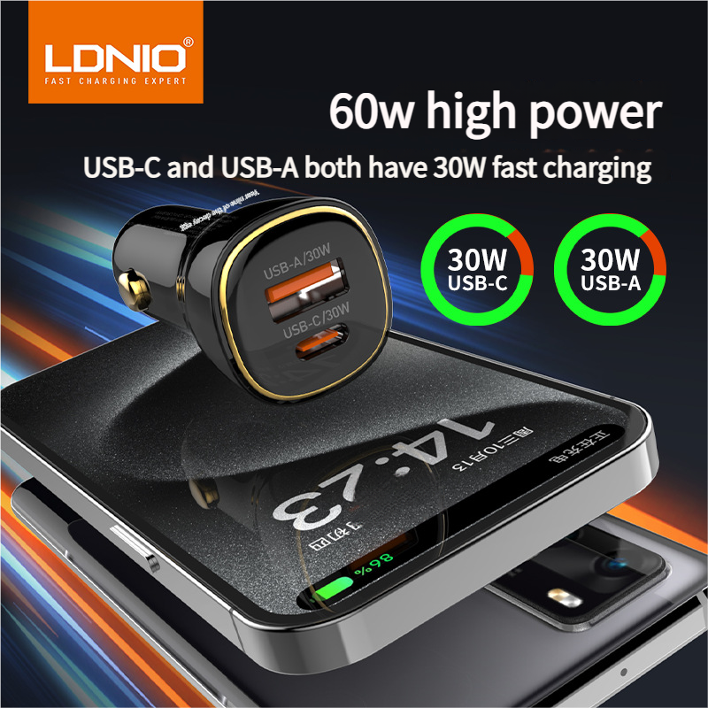Car Fast Charger | 60W | Dual-Port 2-in-1 Design | Metallic Texture | Universal In-Car Charging Head |Compatible with a variety of devices (such as mobile phones/iPads/bluetooth headphones/cameras）