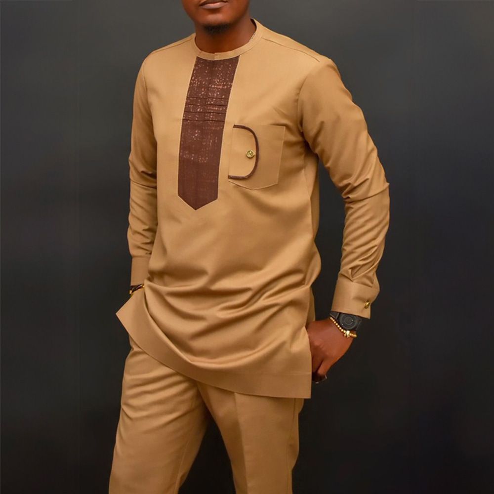 African-Inspired Casual Ethnic Embroidered Men's Long-Sleeve Suit for Weddings & Banquets