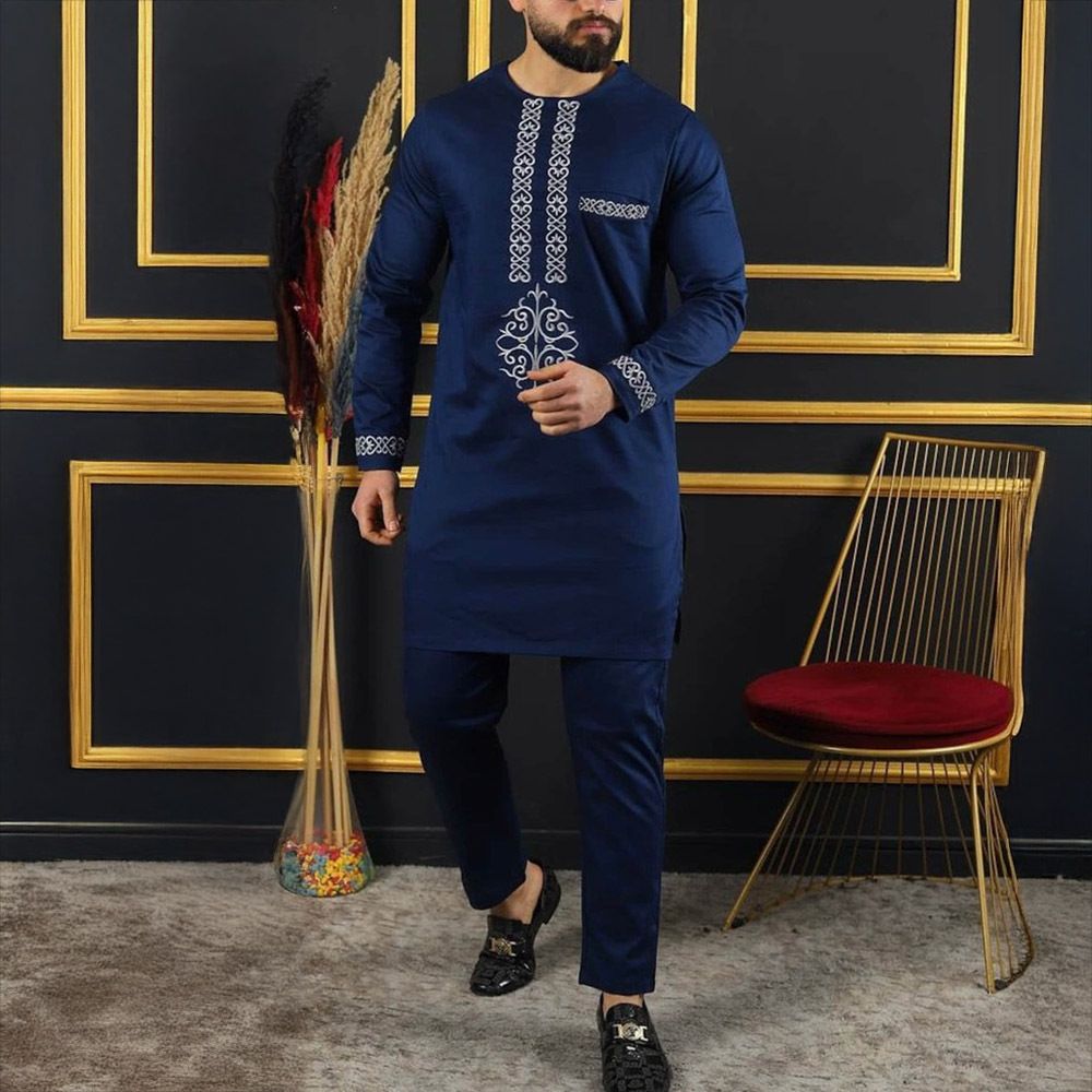 African-Inspired Casual Ethnic Embroidered Men's Long-Sleeve Suit for Weddings & Banquets