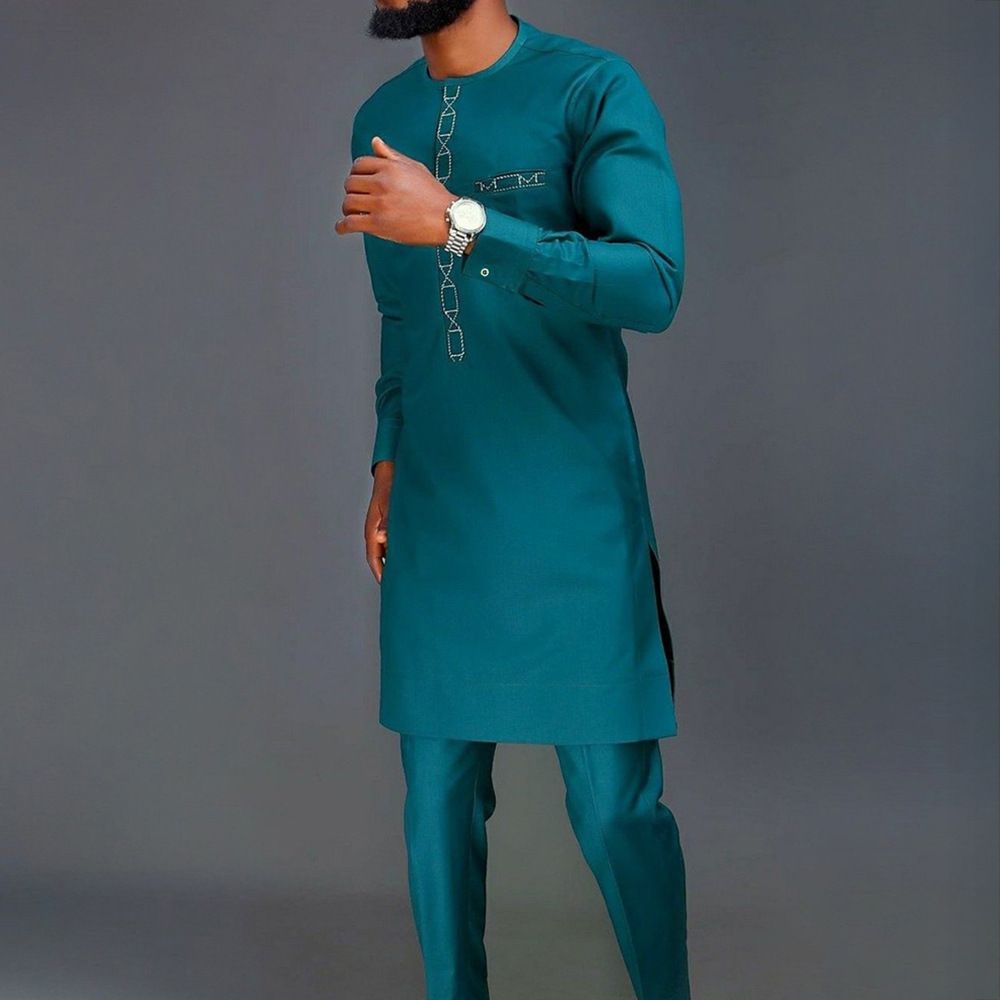African-Inspired Casual Ethnic Embroidered Men's Long-Sleeve Suit for Weddings & Banquets