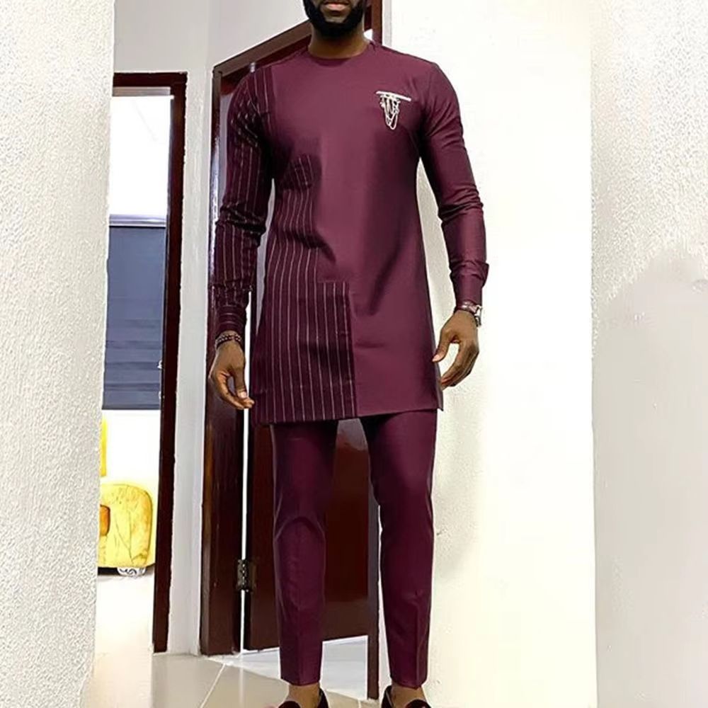 African-Inspired Casual Ethnic Embroidered Men's Long-Sleeve Suit for Weddings & Banquets