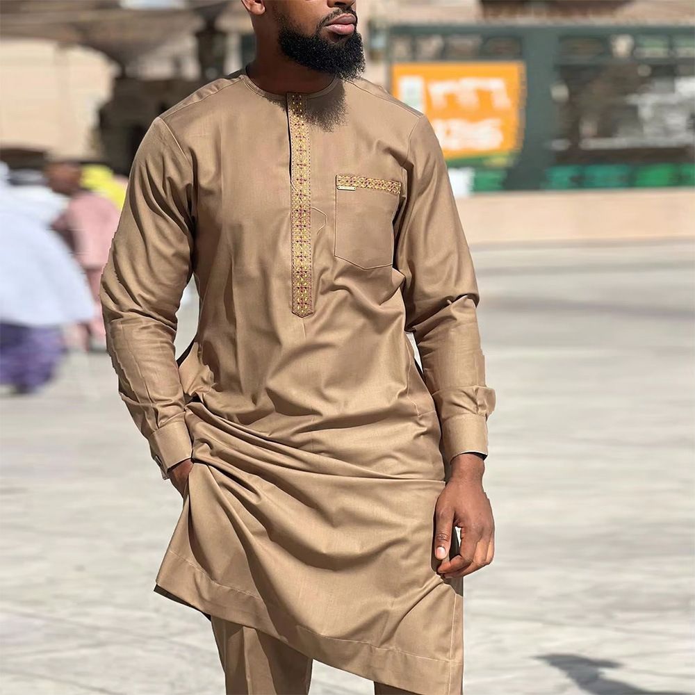 African-Inspired Casual Ethnic Embroidered Men's Long-Sleeve Suit for Weddings & Banquets